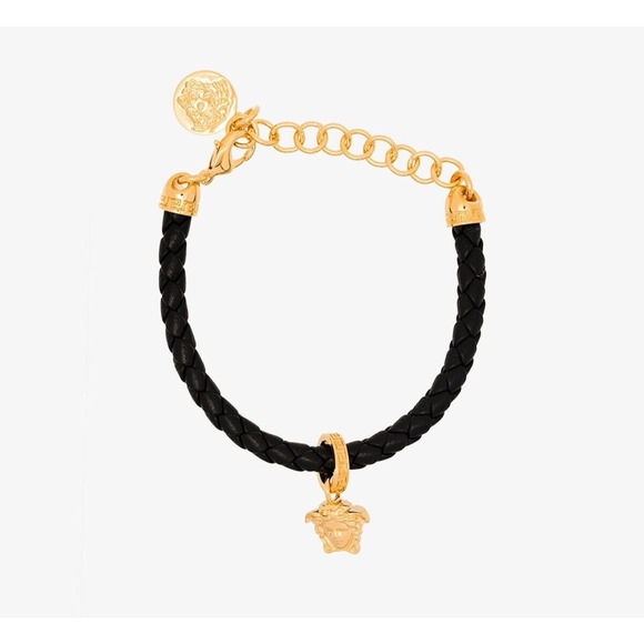 NIB Versace La Medusa Gold Tone Goddess Black Braided Leather Bracelet - Picture 1 of 11